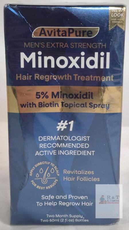 AvitaPure Men's Extra Strength Minoxidil 5% Hair Regrowth Spray, 2 x 2 fl oz, With Biotin, 2 Month Supply