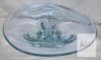 Scandanavian Large 15" Hand-Blown Clear Art Glass Bowl with Sculpted Raised Centerpiece Accent, Aqua Tint