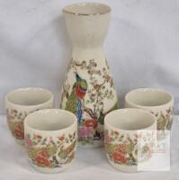 Japanese Ceramic Sake Set, Hand-Painted Peacock & Flowers, Capilano Vancouver, 5 Pc, Japan
