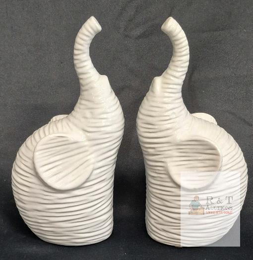Pair of 10" Glossy White Ceramic Elephant Figurines, Textured Modern Home Decor Sculptures