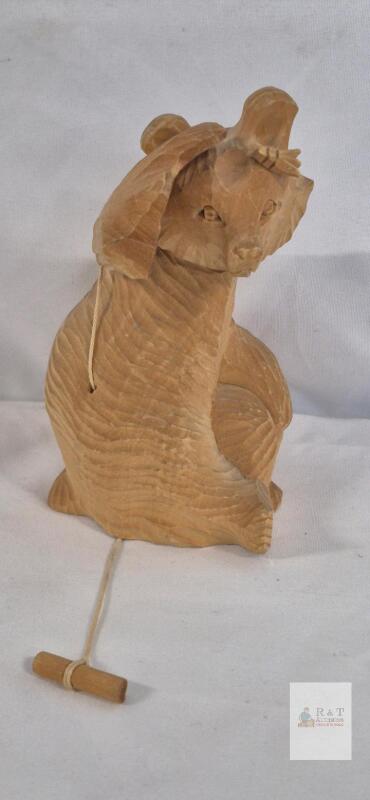 Russian Hand-Carved Wooden Bear Pull-String Automaton, 6.5" Tall, Movable Arm Folk Art Figure
