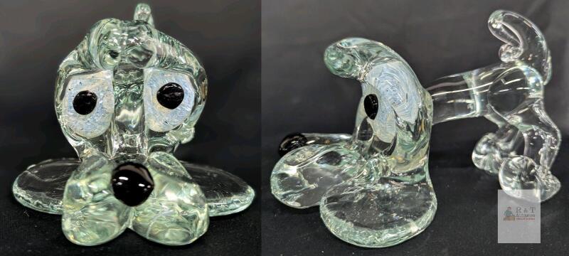 Hand-Blown Clear Glass Dog Figurine, 6.25"x5.5"x4.75", Whimsical Art Sculpture with Blue Eyes