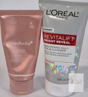 medicube Collagen Night Mask 2.53 fl oz & L'Or&eacute;al Revitalift Scrub Cleanser 5 oz, Barcodes, 2028 EXP Volumes are lower than on bottles