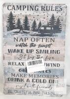 Camping Rules Decorative Metal Wall Sign, 12"x8", Faux Distressed Wood Look, Camping Theme