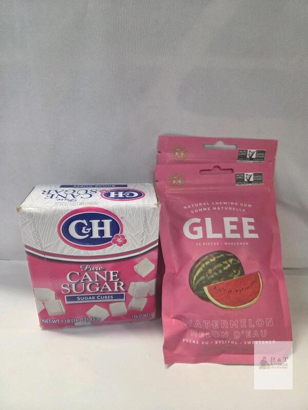 C&H Cane Sugar Cubes 1 lb (126 Cubes) & GLEE Watermelon Chewing Gum 55 Pieces, Non-GMO, Vegan
