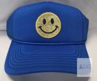 Blue Snapback Trucker Hat, Glitter Gold Smiley Patch, Mesh Back, Adjustable, One Size, Polyester