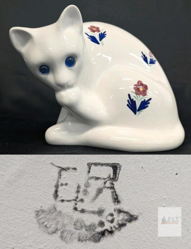 Erphila Hand-Painted Porcelain Cat Figurine, 7" Crackle Glaze, Blue Eyes, Floral Design Tiny chip in one ear, crazing in glaze present