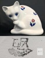 Erphila Hand-Painted Porcelain Cat Figurine, 7" Crackle Glaze, Blue Eyes, Floral Design Tiny chip in one ear, crazing in glaze present