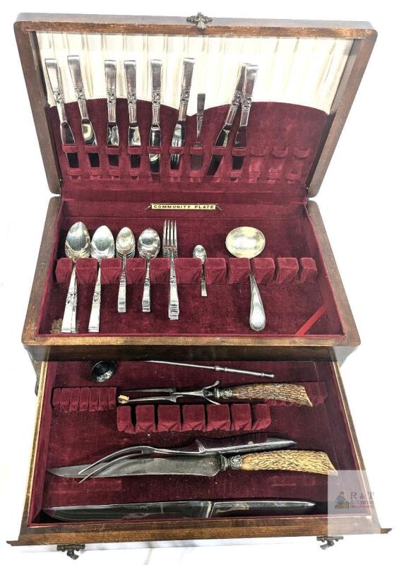 Community Plate & Mappin & Webb Silverplate Flatware with Box, Stag Handles