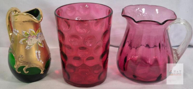 Vintage Glassware Set &ndash; Bohemian-Style Gold Enameled Pitcher, Cranberry Coin Dot Tumbler, Cranberry Pitcher