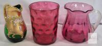 Vintage Glassware Set &ndash; Bohemian-Style Gold Enameled Pitcher, Cranberry Coin Dot Tumbler, Cranberry Pitcher