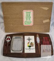 MCM Japan Cheese Board Set with Rooster Tile, 7 Utensils, Original Box, 18" Wood