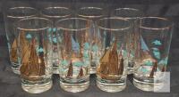 Set of 8 MCM LIBBEY Highball Glasses &ndash; Sailboat Motif, 5.5&rdquo; Tall, 12&ndash;14 oz Capacity, Blue & Gold Decor
