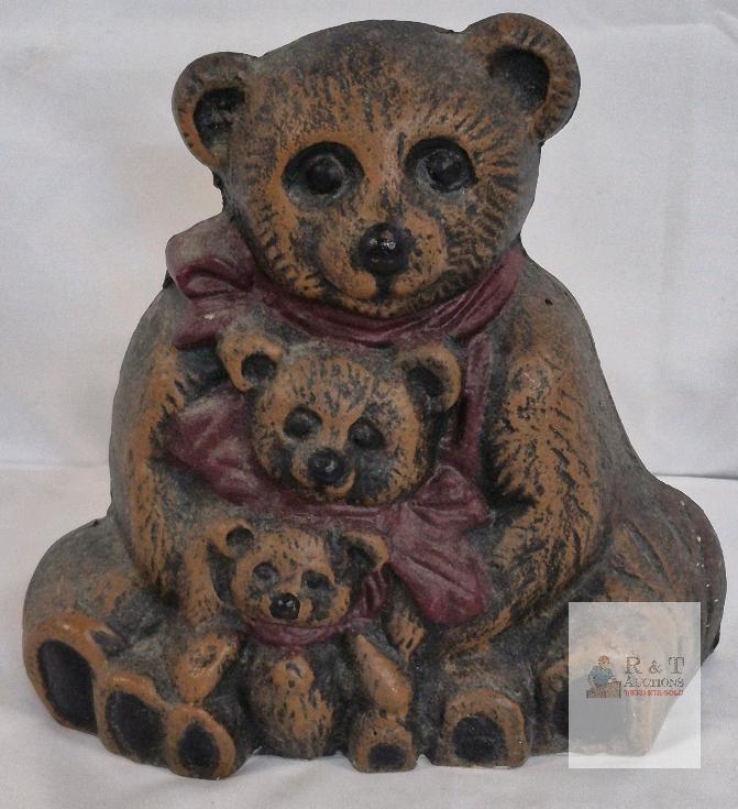 Cast Iron Bear Family Doorstop &ndash; 8" Tall, Painted Brown with Red Scarves, Figural Design