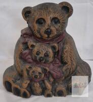 Cast Iron Bear Family Doorstop &ndash; 8" Tall, Painted Brown with Red Scarves, Figural Design
