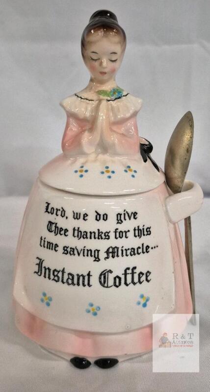 Vintage Japan Pink Ceramic Praying Girl Instant Coffee Jar with Spoon, 1950s, Cork Lid chips present