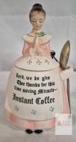 Vintage Japan Pink Ceramic Praying Girl Instant Coffee Jar with Spoon, 1950s, Cork Lid chips present