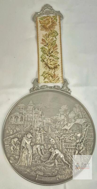 WMF German Pewter Wall Plaque &ldquo;Fr&uuml;hling&rdquo; Art Relief, Ornate Tapestry Hanger, 17.3" Decor