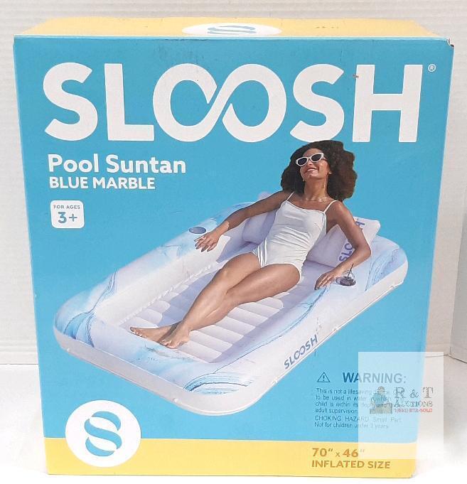SLOOSH Pool Suntan Blue Marble Inflatable Lounger 70"x46", Cup Holders, Headrest, Ages 3+