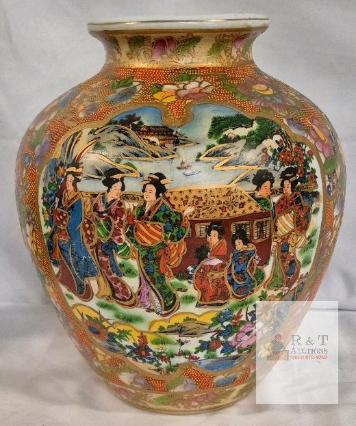 Japanese Satsuma-Style Vase, Hand-Painted Geisha & Landscape, 12 in Tall, Red Marked Base