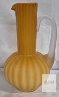 Victorian Satin Glass Pitcher w/ Frosted Handle, 9.5" Tall, Bulbous Base, Optic Ribbed