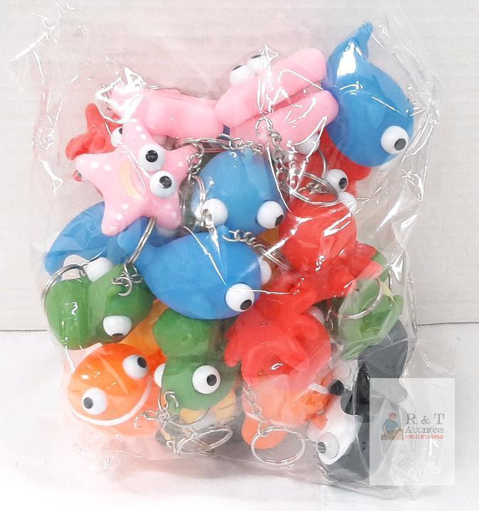 Cartoon Sea Animal Keychains, 12-Pack, Assorted Colors & Shapes, Soft PVC with Metal Rings