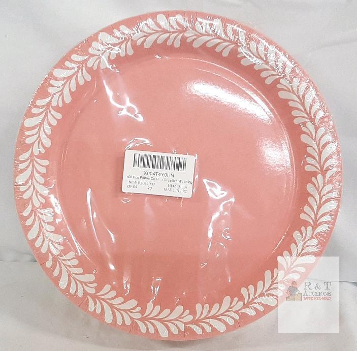 100-Pack 9" Disposable Paper Plates, Pink Leaf & Plain White Design, X004T4Y0HN, Made in China