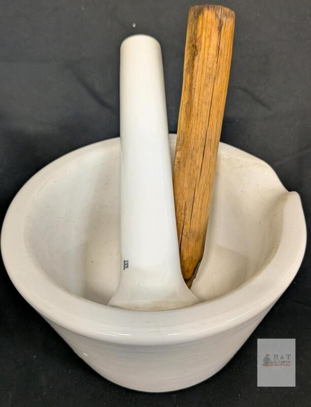 Large Ceramic Mortar and Pestle Set, Heavy Duty, 4.5" High, Includes Wood and Ceramic Pestles
