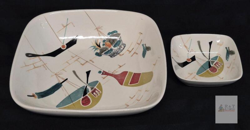 Mid Century Japan Atomic Ceramic Platter and Small Bowl, 10.5" & 5.5", Abstract Pattern Chip and Dip likely