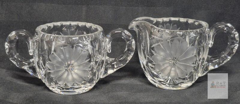 Heavy Cut Crystal Glass Sugar and Creamer Set, Floral & Starburst Design, 3.25" Tall, Mid-Century