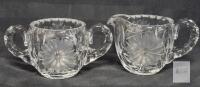 Heavy Cut Crystal Glass Sugar and Creamer Set, Floral & Starburst Design, 3.25" Tall, Mid-Century