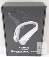 new KAKASHI F70 Bladeless Neck Cooler, 6000mAh, 5W Power, 3 Speeds, White/Black, 9.7"x6.5"x2.8"