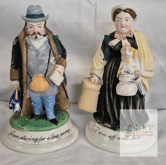 Pair of Antique German Match Strikers Fairings "I am Starting for a long journey." & "I am off with him."