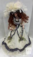 Large 28" Victorian-Style Porcelain Doll, Curly Red Hair, Blue Eyes, Feathered Hat, Stand Included