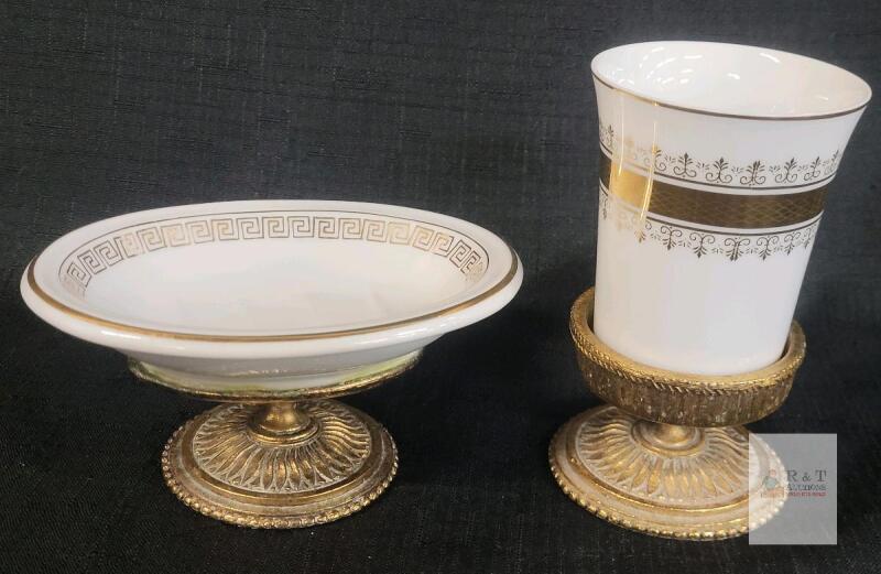 Porcelain & Gilt Bronze Vanity Set with Greek Key Pattern &ndash; Soap Dish and Tumbler, 4.75" Tall