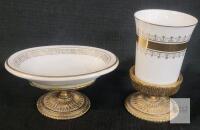 Porcelain & Gilt Bronze Vanity Set with Greek Key Pattern &ndash; Soap Dish and Tumbler, 4.75" Tall