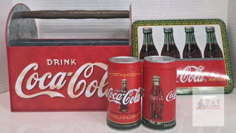Coca-Cola Collectible Tin Set 2003 w/ Carrier, 2 Canisters, Tray, Retro Bottle Artwork,