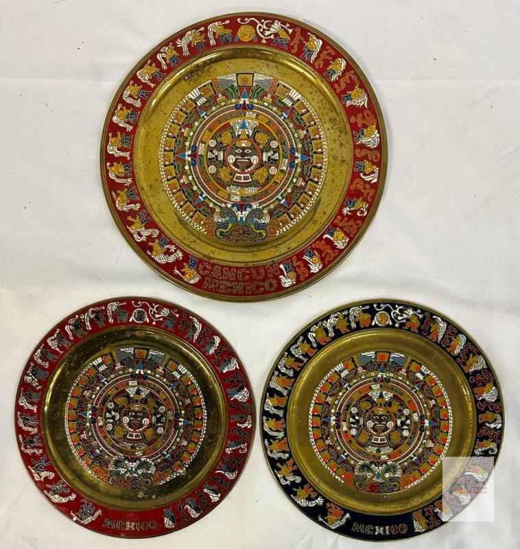 Mexican Brass Aztec Calendar Plates, 11" & 9.4", Enamel Painted, Wall Hanging, Lot of 3