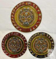Mexican Brass Aztec Calendar Plates, 11" & 9.4", Enamel Painted, Wall Hanging, Lot of 3