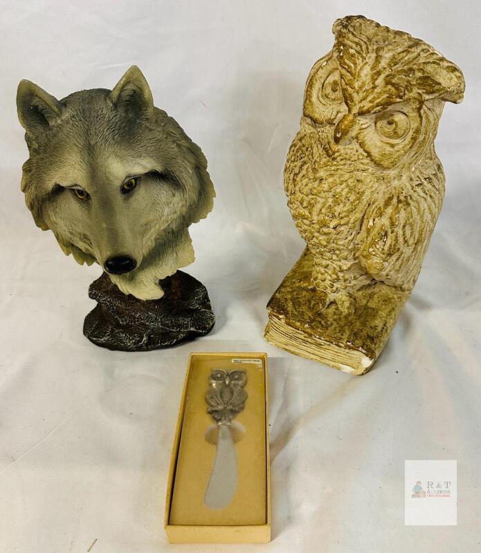 Wolf Bust Resin Figurine 7.5", Owl Bookend 9.5", Owl Pewter Pate Knife with Box
