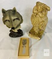 Wolf Bust Resin Figurine 7.5", Owl Bookend 9.5", Owl Pewter Pate Knife with Box