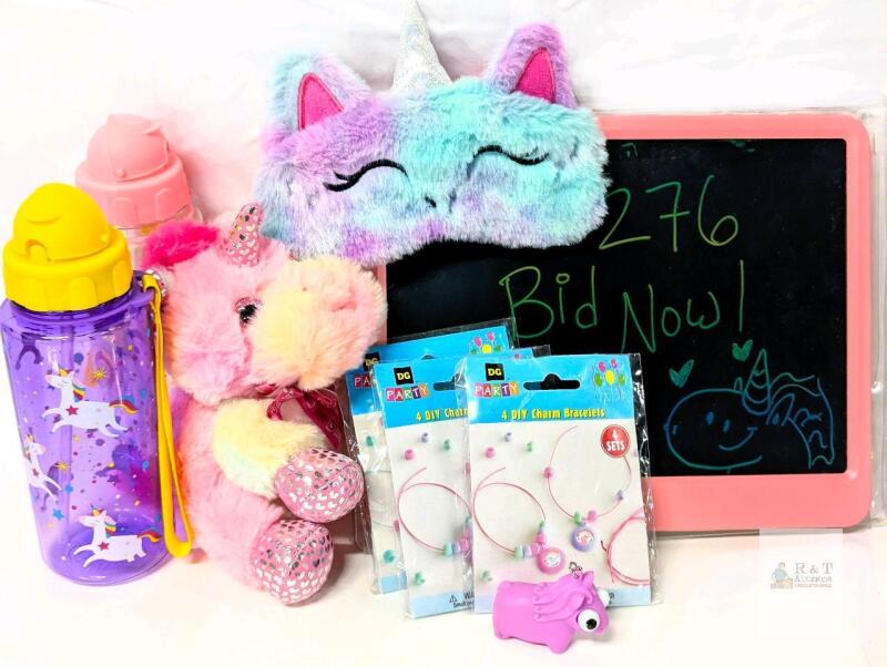 New Pink Unicorn Party! 7.5" Unicorn Plush & Sleep Mask, 3&times; 4-Pack DIY Charm Bracelets, Derpy Popping-Eye Keychain, 2&times; Water Bottles +