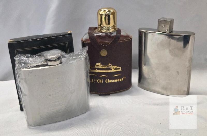 Jack Daniel&rsquo;s Old No.7 Steel Flask, M.S. Chi Cheemaun Leather Glass Flask, Novelty Die Cap Flask