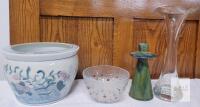 Decorative Ceramic Fishbowl Planter, Art Glass Vase, Bowl & Green Candlestick &ndash; Mixed Set