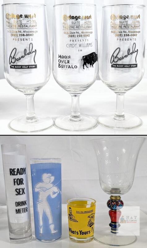 Assorted Collectible Barware Glasses: Stage West Wine, Novelty Shot & Ornate Goblet Set
