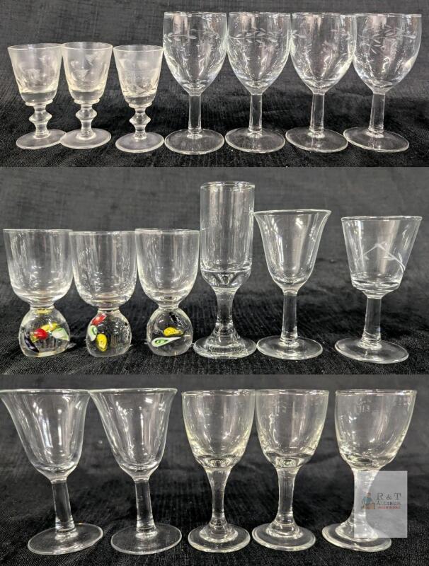 Vintage Mixed Cordial, Sherry & Liqueur Glasses, Etched & Millefiori, 3.25&ndash;4.75" Tall