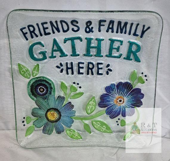 AS NEW Floral Embossed Glass Plate 13"x13" Square &ndash; &ldquo;FRIENDS & FAMILY GATHER HERE&rdquo; Design