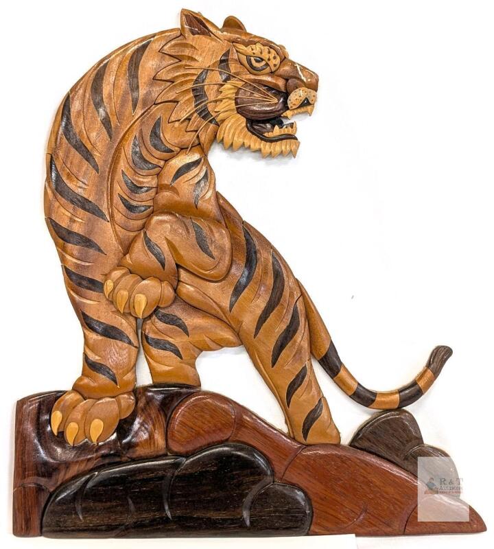 Handcrafted Intarsia Wood Tiger Wall Hanging, 15.5"x14", Multi-Hardwood, 3D Relief Wildlife Art