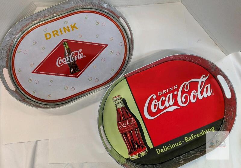 Vintage Coca-Cola Metal Serving Trays, Retro Graphics, 16.5"x12" with Handles, Red/Green