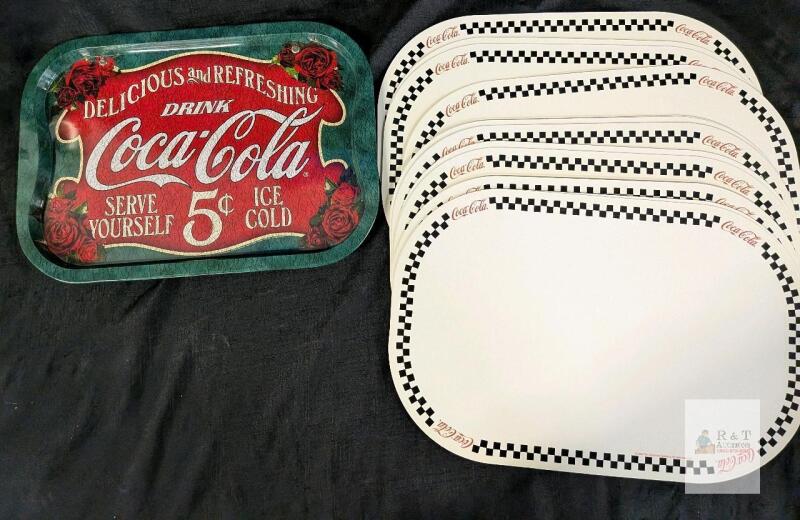 Coca-Cola 5&cent; Retro Metal Serving Tray & 12 Placemats Set, Checkered & Pinstripe, 16"x11" Collectible